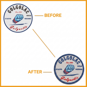 Custom round Golgolac logo patch with blue fist illustration 

