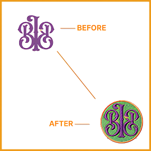 Purple interlocking monogram logo on green circular embroidered patch 

