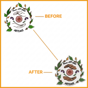 Custom circular Artemis logo embroidered patch with green leaves and hands illustration 


