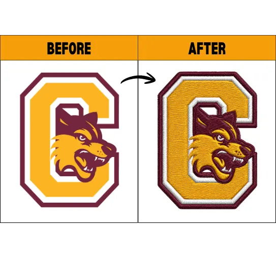 Before and after logo digitizing example of letter C wolf mascot 