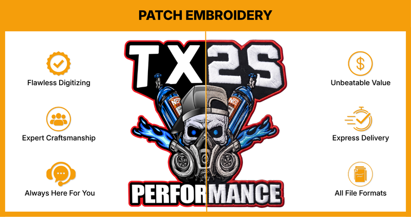TX2S Performance skull logo custom embroidered patch digitizing sample
